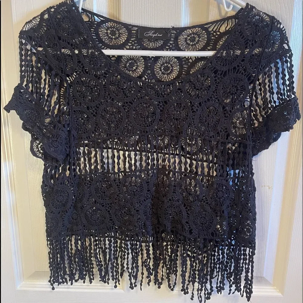 Sample text black crochet cropped top